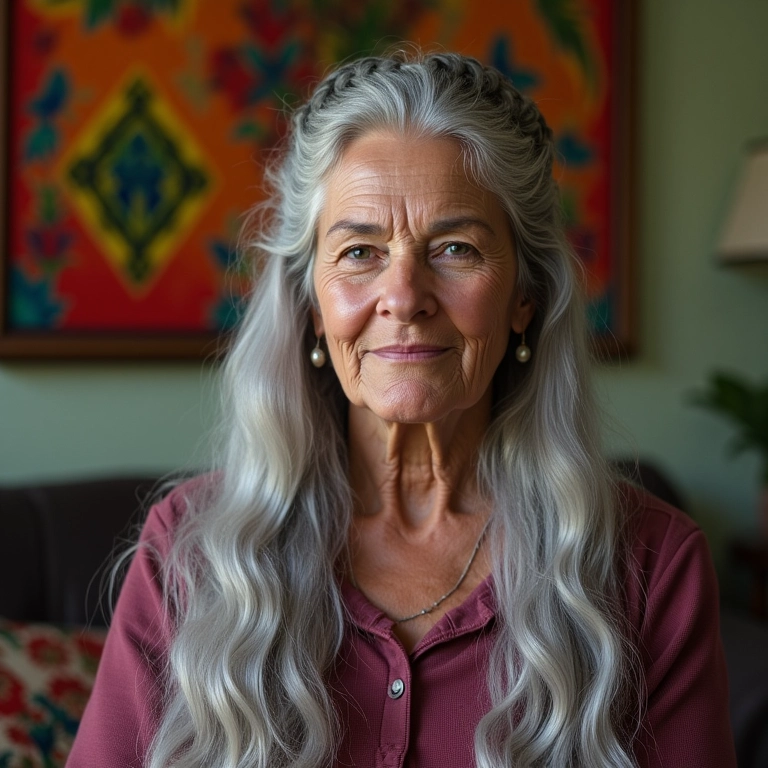 Semi-preso com trança em cabelos longos grisalhos.