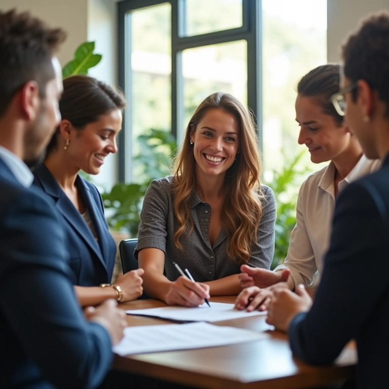 Estágio Probatório: Direitos e Deveres do Servidor Servidor público assinando contrato de estágio probatório, comemoração da equipe.