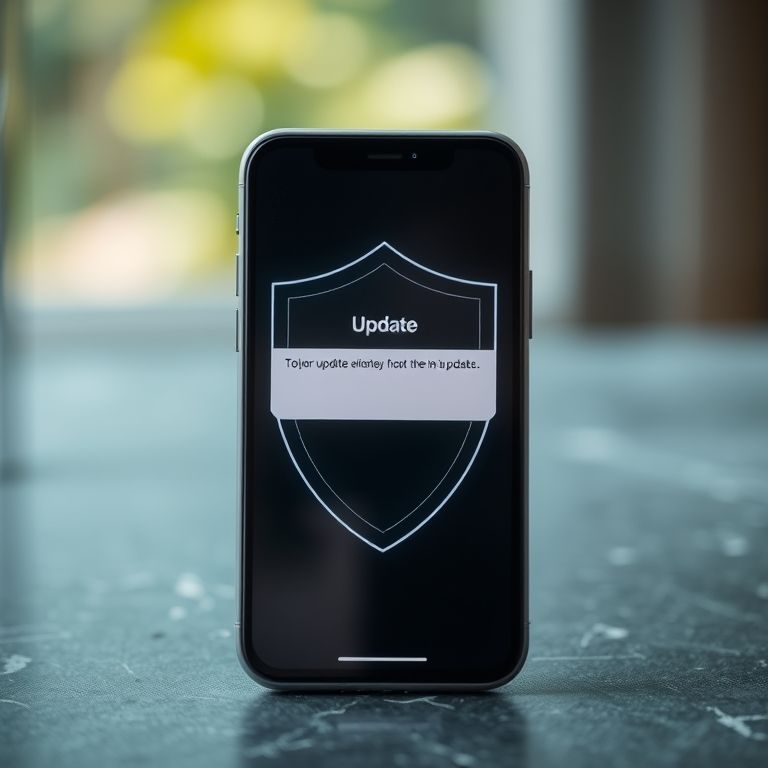 Smartphone exibindo uma notificação de atualização, com um ícone de escudo sobreposto.