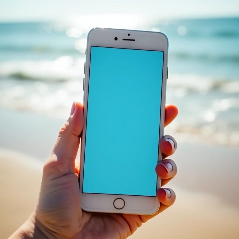 Smartphone mostrando apólice de seguro viagem, fundo de praia.