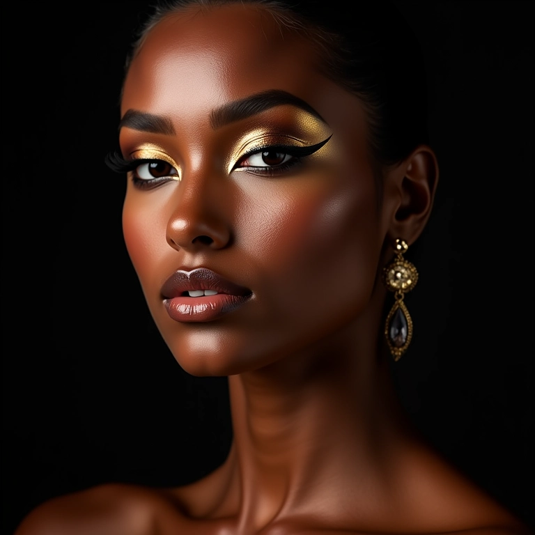 Sombra metalizada ousada em mulher de pele bronzeada.