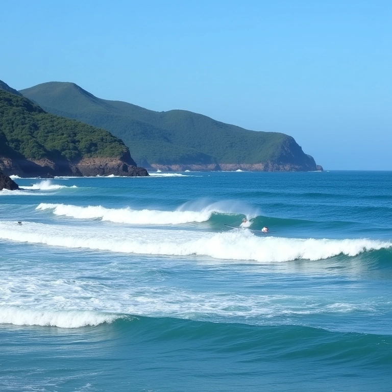 Surfistas nas ondas da Praia da Rosa, Imbituba.