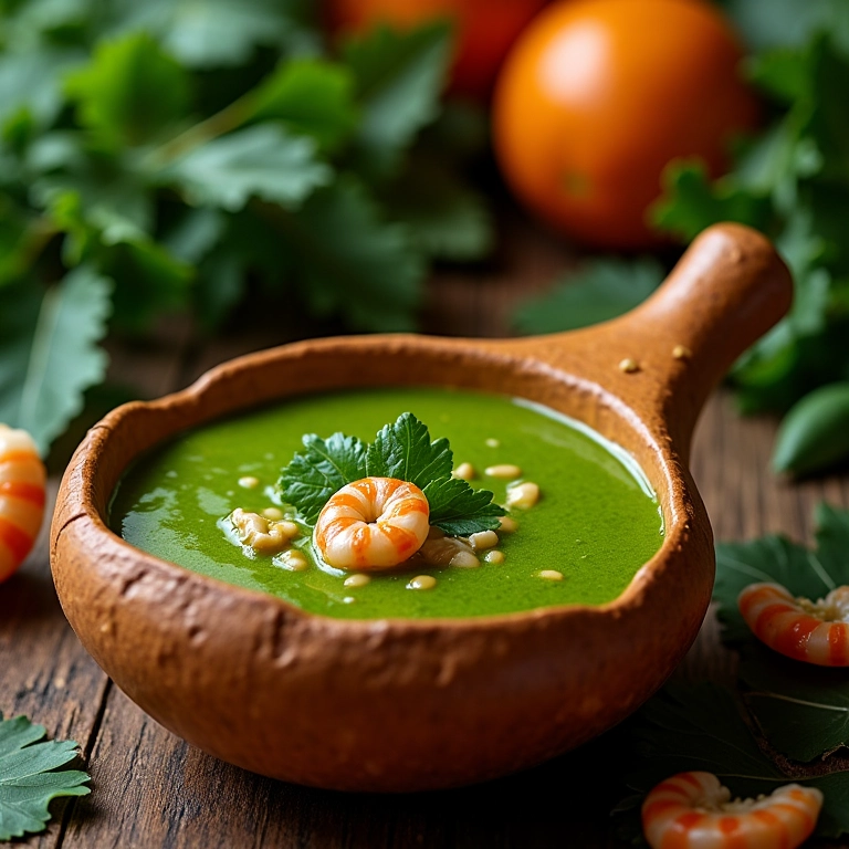 Tacacá servido em cuia, caldo verde vibrante, folhas de jambu e camarões.