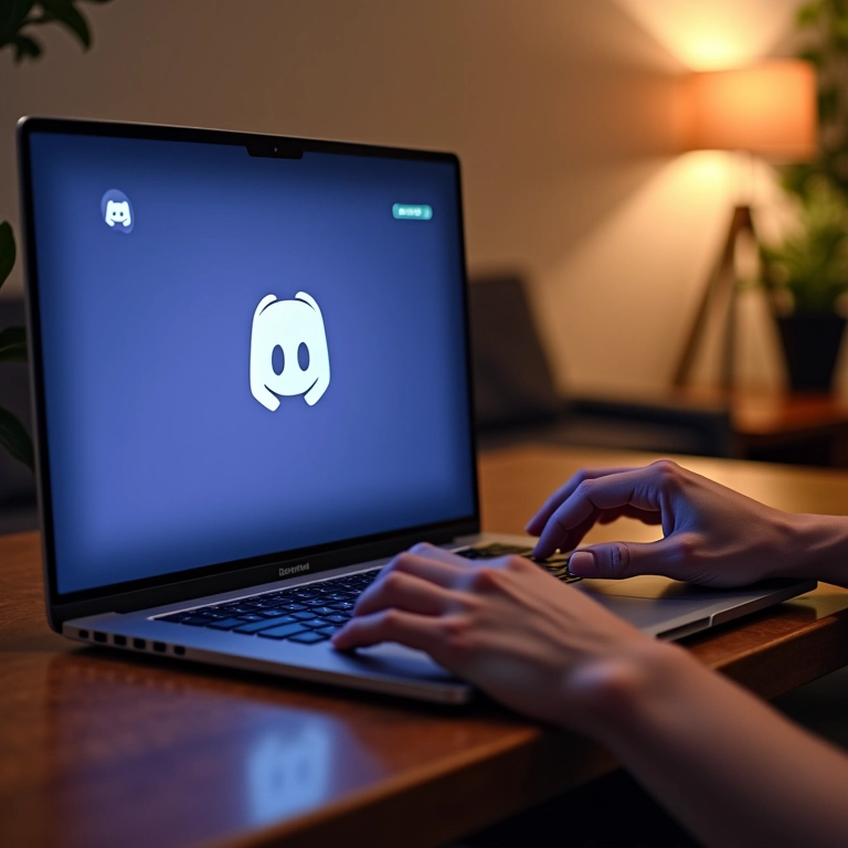 Tela de laptop mostrando o download do Discord em um ambiente de sala de estar brasileira.