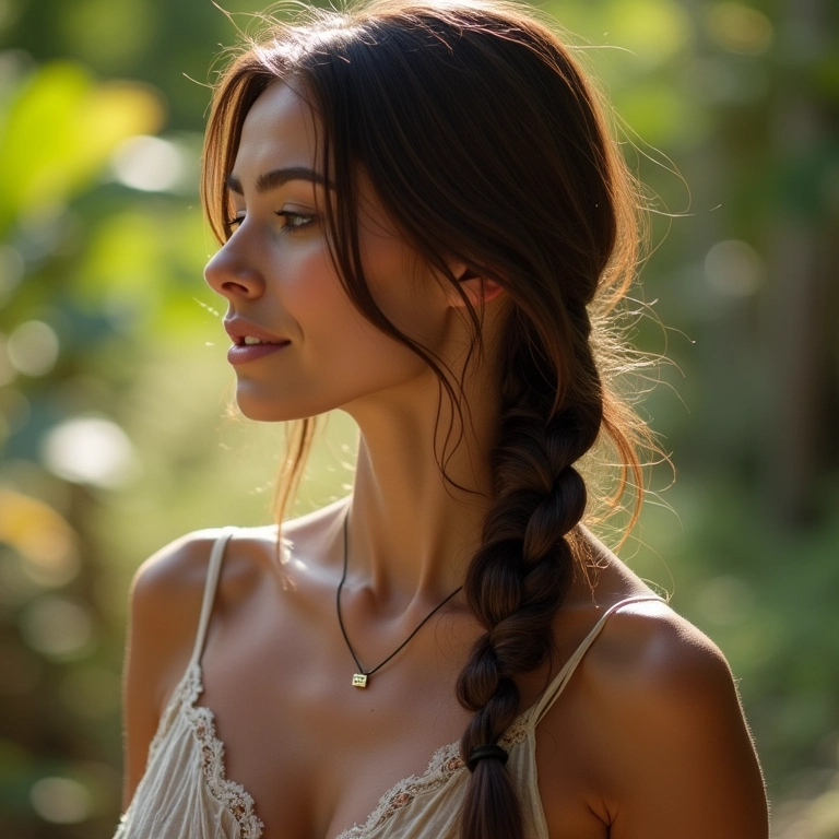 Trança lateral despojada em cabelo longo castanho, estilo boho, luz natural.