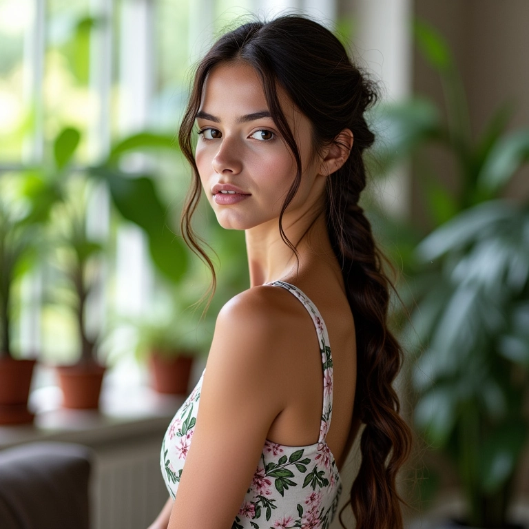 Trança lateral despojada em cabelo longo e castanho.