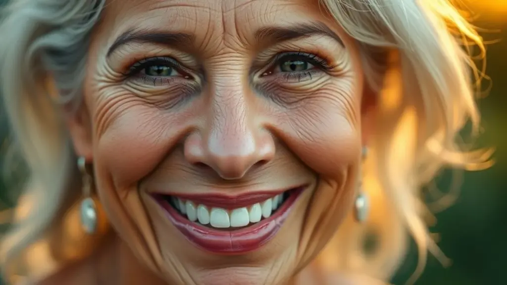 Mulher brasileira madura sorrindo, rugas de expressão, pele natural e radiante.