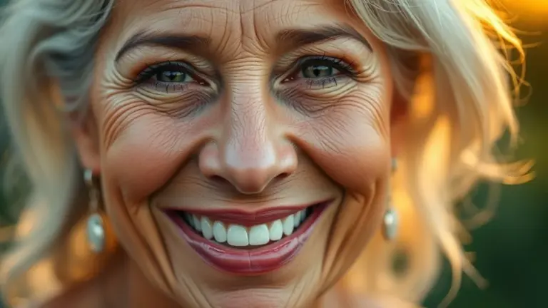 Mulher brasileira madura sorrindo, rugas de expressão, pele natural e radiante.