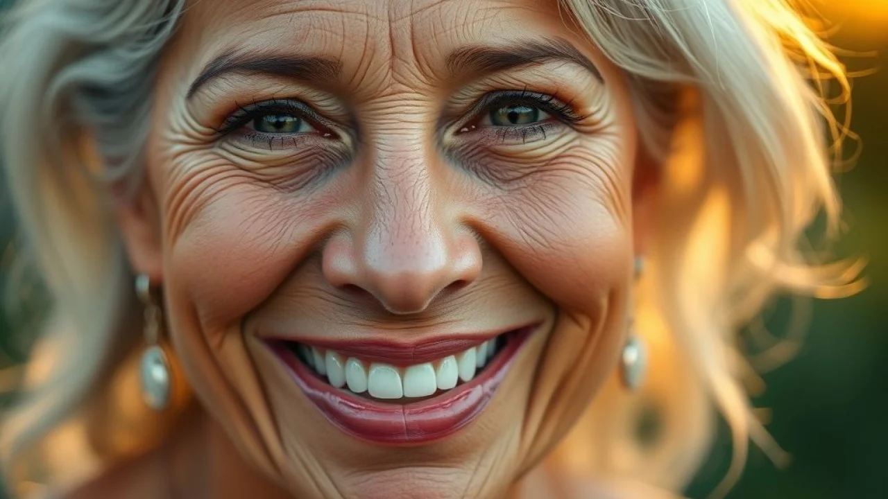 Mulher brasileira madura sorrindo, rugas de expressão, pele natural e radiante.