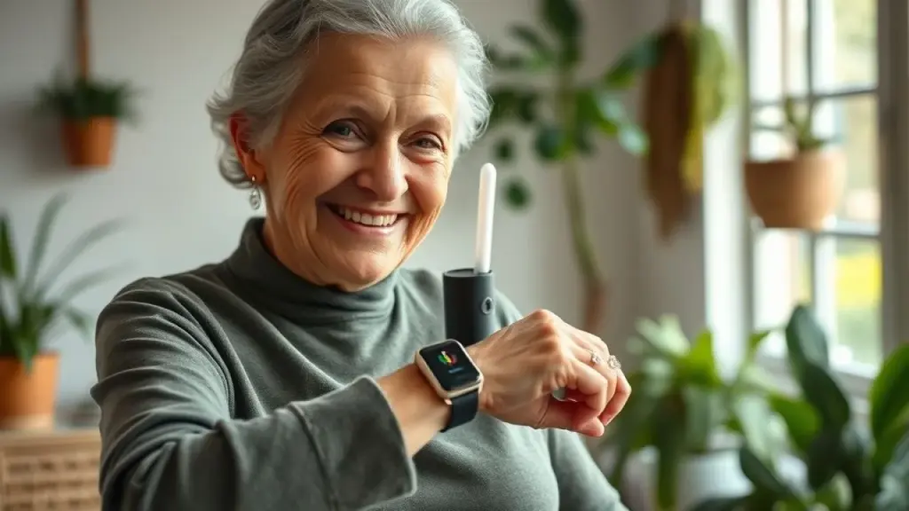 Como os Dispositivos de Monitoramento Ajudam os Idosos a Manter a Independência e Segurança Idosa brasileira sorrindo, usando smartwatch e monitorando sinais vitais em casa.