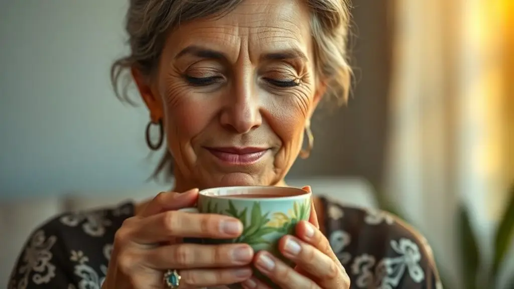 Mulher brasileira serena na menopausa, tomando chá, com iluminação natural e expressão de paz.