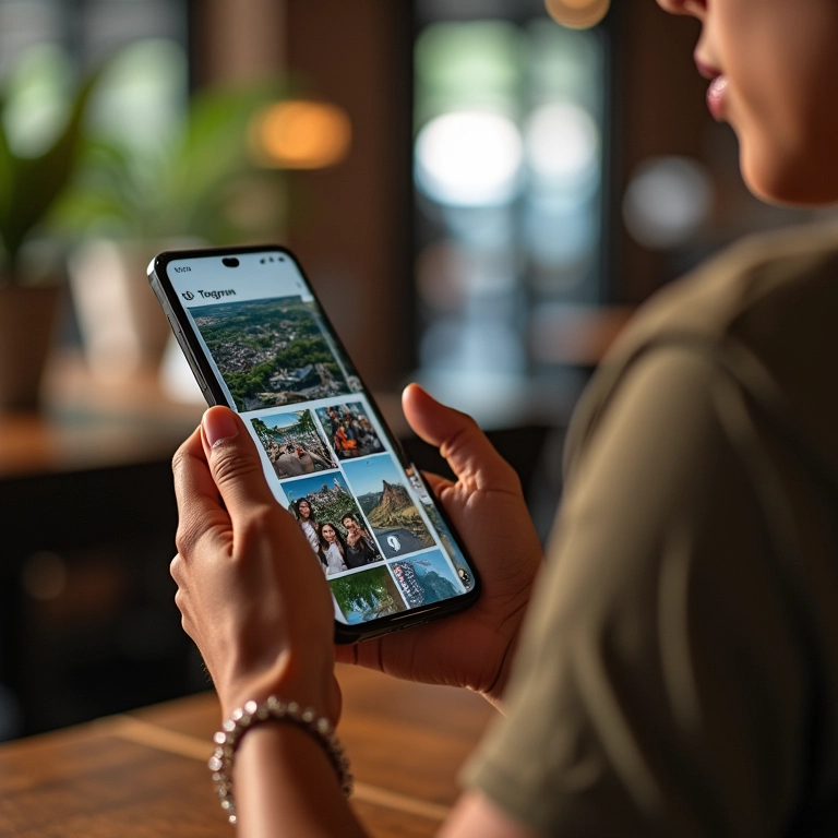 Usuário navegando no Instagram Stories em um café brasileiro, mostrando o foco em imagens e vídeos.