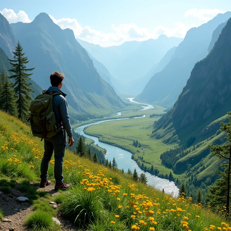 Vale de montanha sereno com flores silvestres e um rio sinuoso.