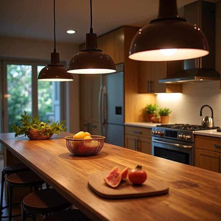 Variedade de iluminação em cozinha brasileira: pendentes, spots e luzes embutidas.