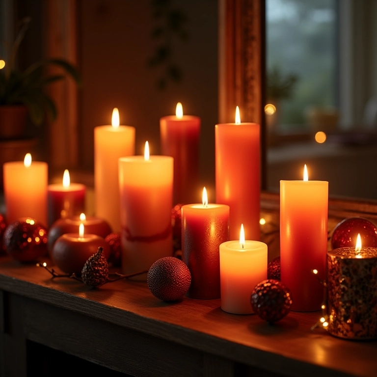 Velas de diferentes tamanhos e formatos decorando um aparador de Natal.