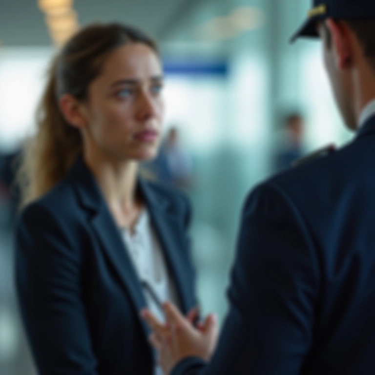 Viajante sendo questionado na alfândega por não declarar bens.