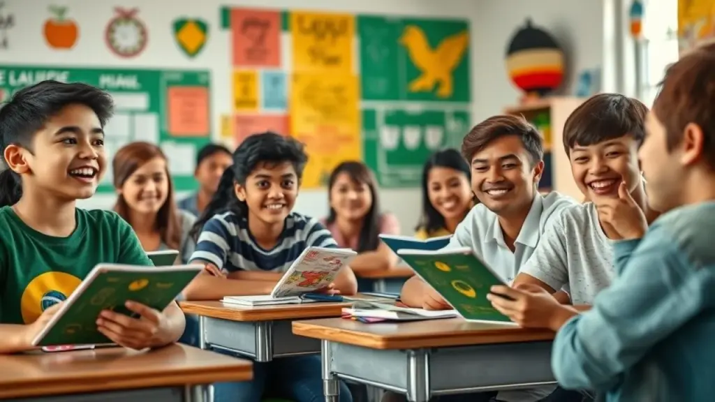 Estudantes brasileiros aprendendo sobre hiato, ditongo e tritongo em sala de aula colorida e vibrante.