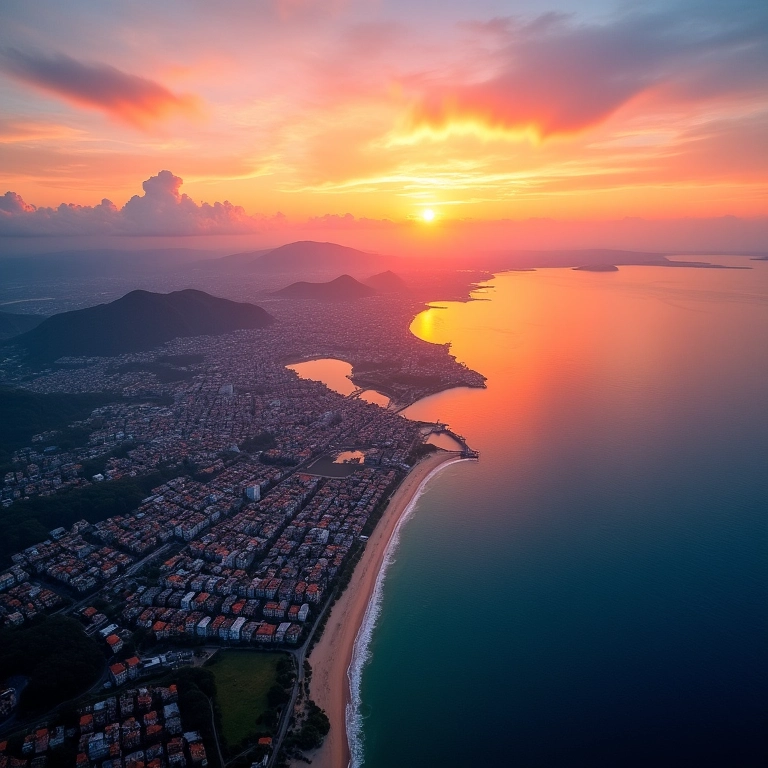 Florianópolis: A Ilha da Magia no Brasil Vista aérea deslumbrante de Florianópolis ao pôr do sol, destacando a beleza da ilha.