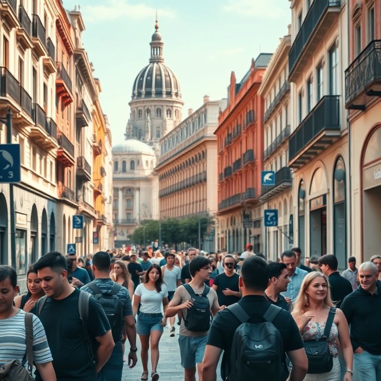 Vista animada de rua em Madri com pessoas diversas e arquitetura icônica.