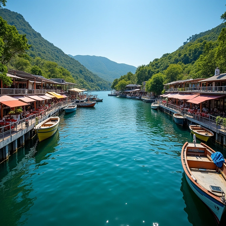 Vista panorâmica da Lagoa da Conceição, em Florianópolis, com barcos coloridos e restaurantes à beira d'água.