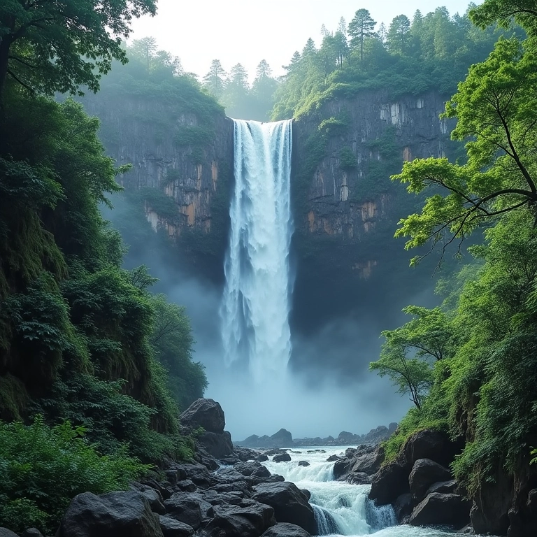 Vista única de uma cachoeira a partir de rochas, mostrando sua força e escala.