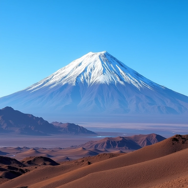 Vulcões imponentes e cordilheira nevada no Deserto do Atacama, sob um céu azul.