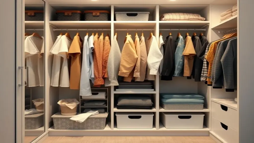 Well-organized single wardrobe interior with neatly folded clothes, hanging garments, and storage Interior de guarda-roupa solteiro organizado com roupas dobradas.