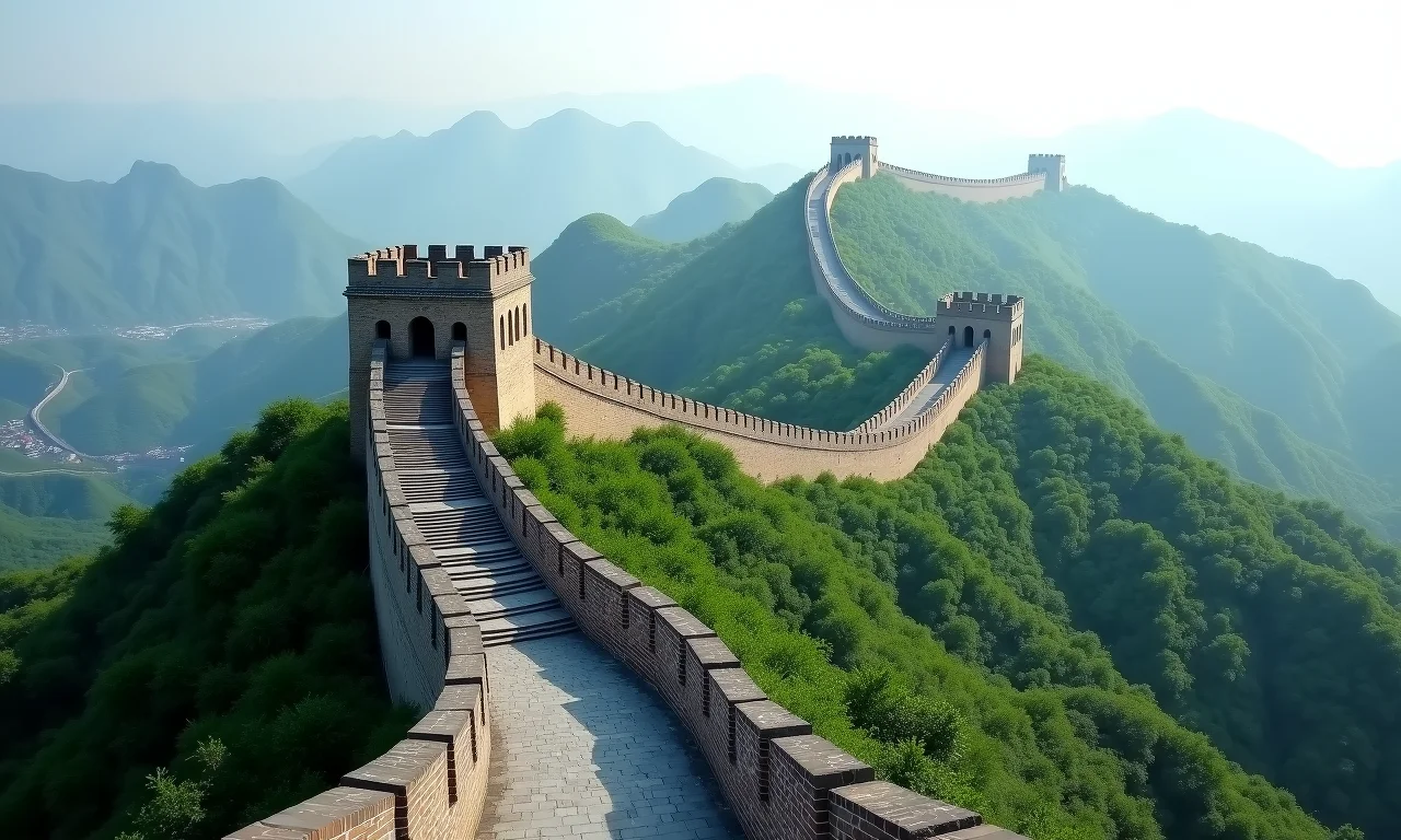 A Grande Muralha da China serpenteia pelas montanhas, um importante sítio histórico.