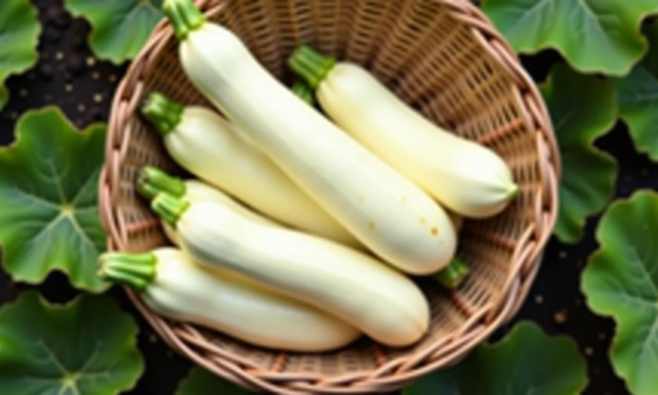 Abobrinha branca madura em uma cesta de vime.