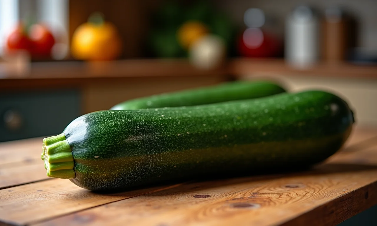 Abobrinha italiana madura sobre uma mesa de madeira rústica.
