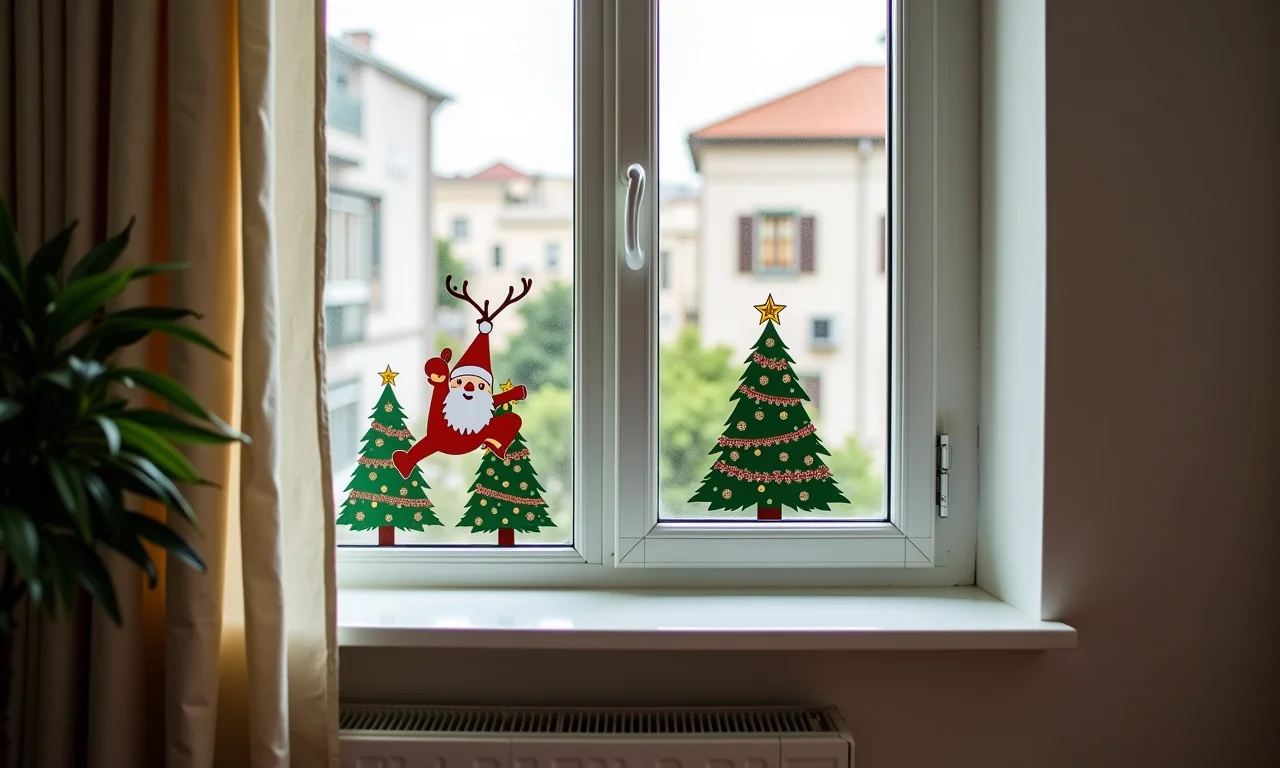 Adesivos natalinos decorando uma janela de um apartamento brasileiro.
