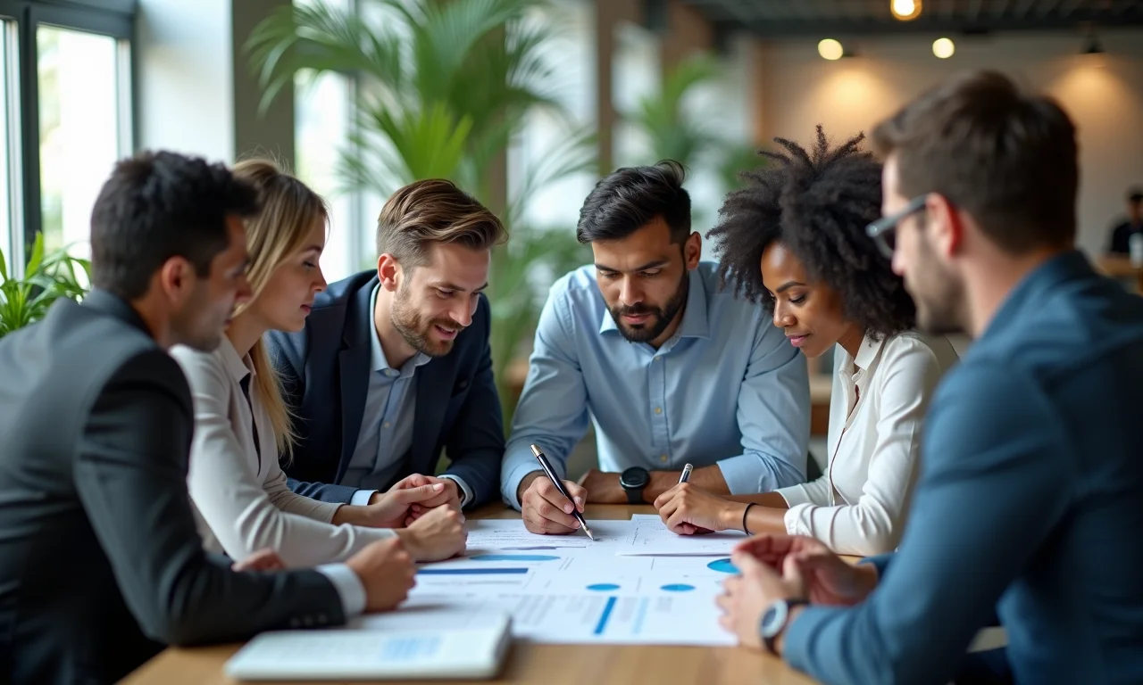 Administradores educacionais analisando dados em escritório moderno, representando a gestão do programa.