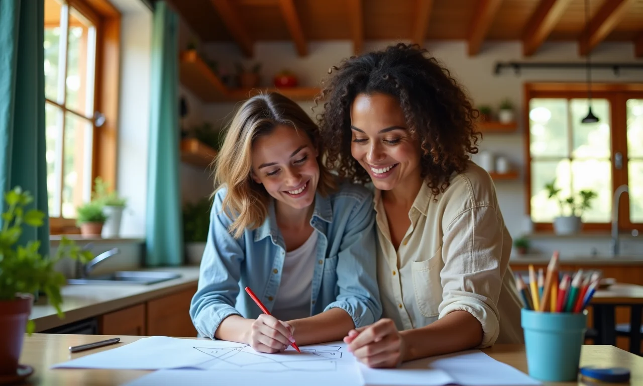 Adultos criando juntos um quadro de tarefas em lar brasileiro.
