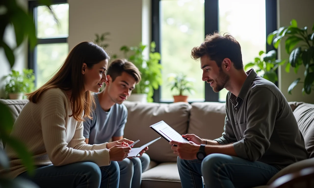 Adultos discutindo lista de consequências em sala de estar.