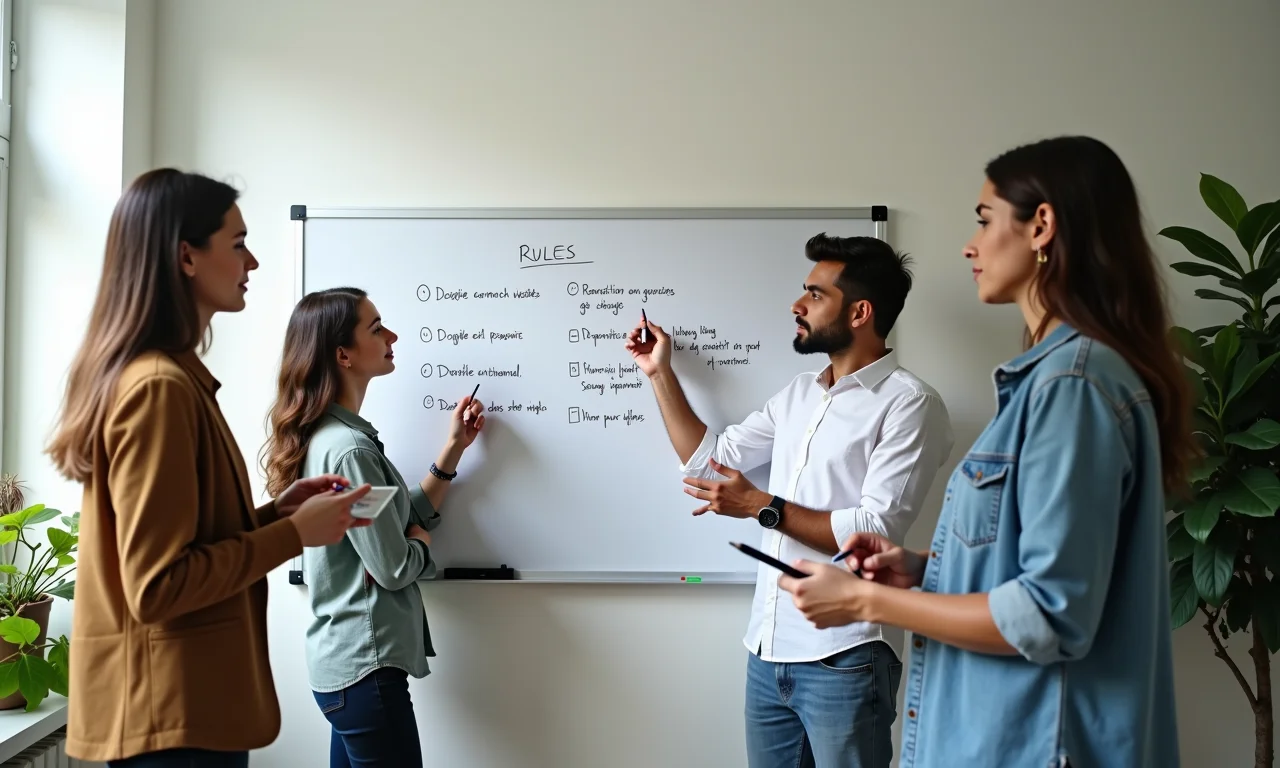 Adultos diversos escrevendo regras em quadro branco em apartamento brasileiro moderno.