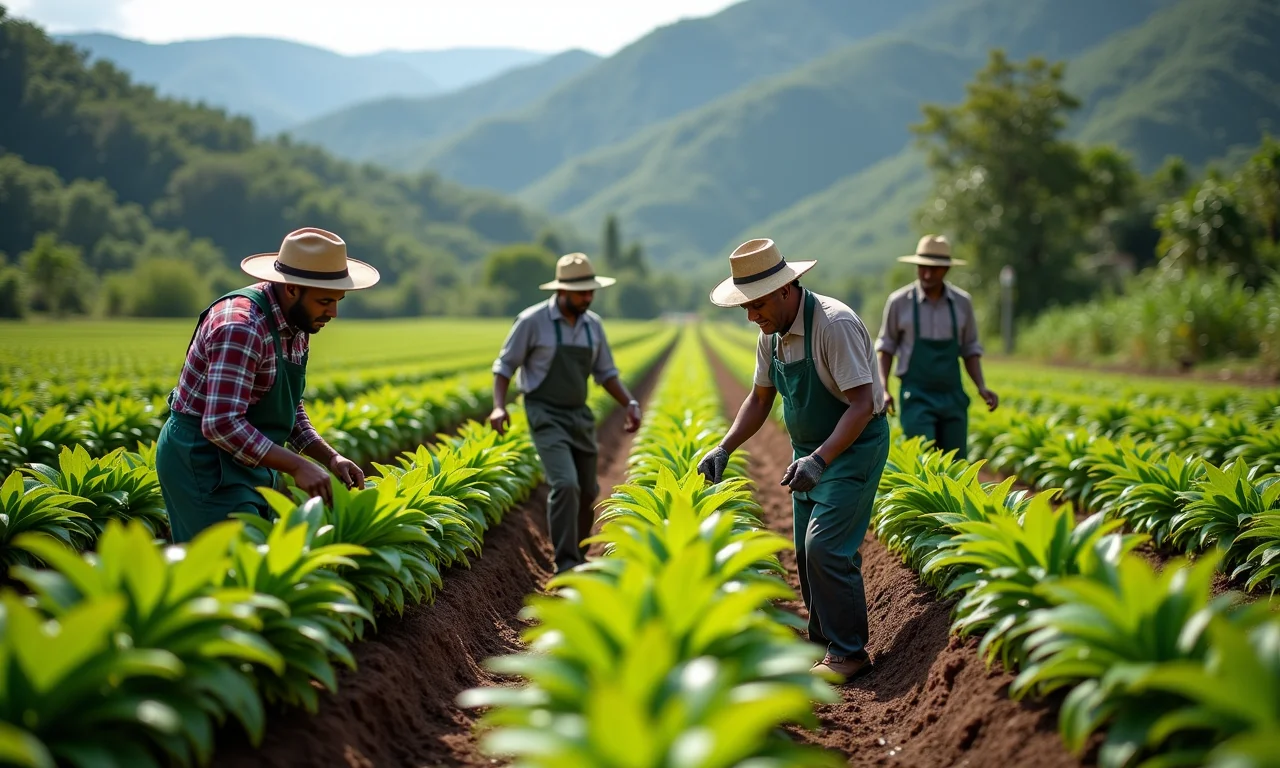 Agricultores brasileiros avaliando mudas de cacau em clima ideal.