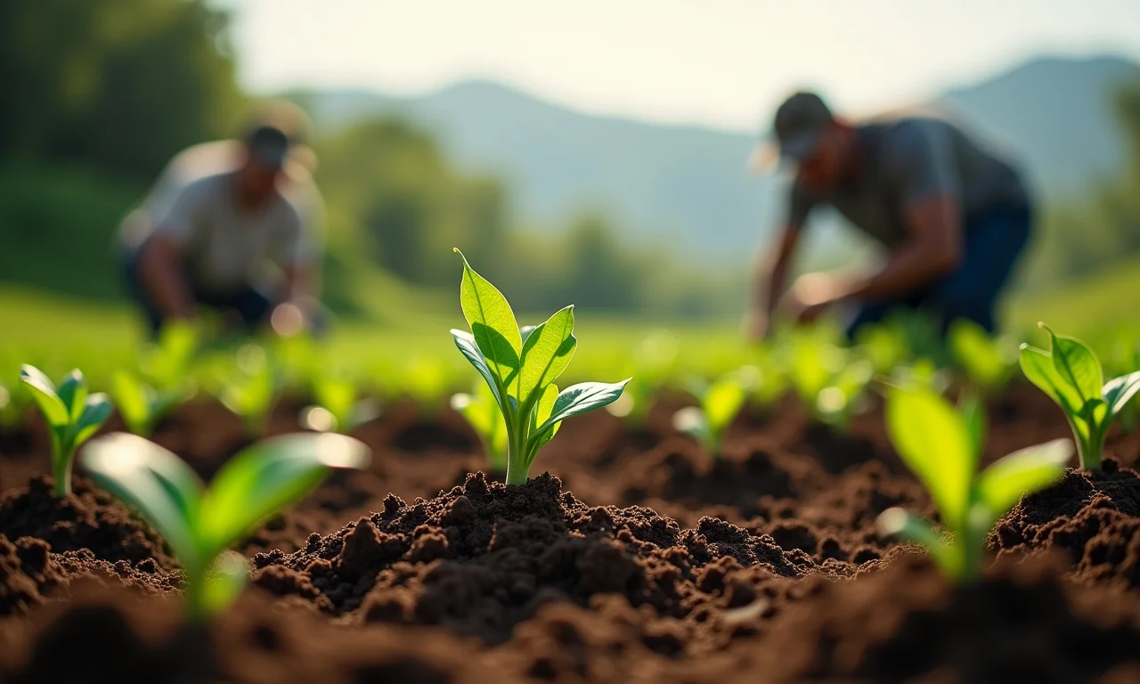Agricultores plantando mudas de cacau em campo aberto.