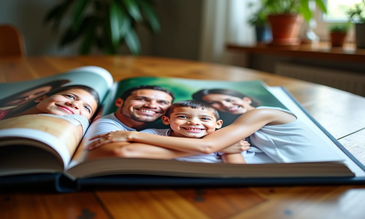 Álbum de fotos de família com rostos borrados, representando o impacto de biografias na família.