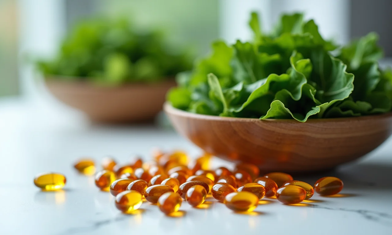 Alimentos ricos em magnésio e cápsulas de suplemento, destacando os benefícios do mineral.