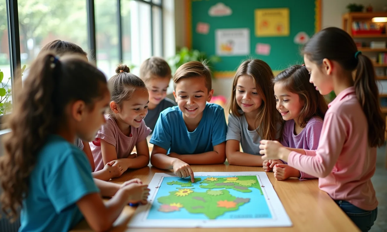 Alunos adultos interagindo com exposição interativa sobre reciclagem.