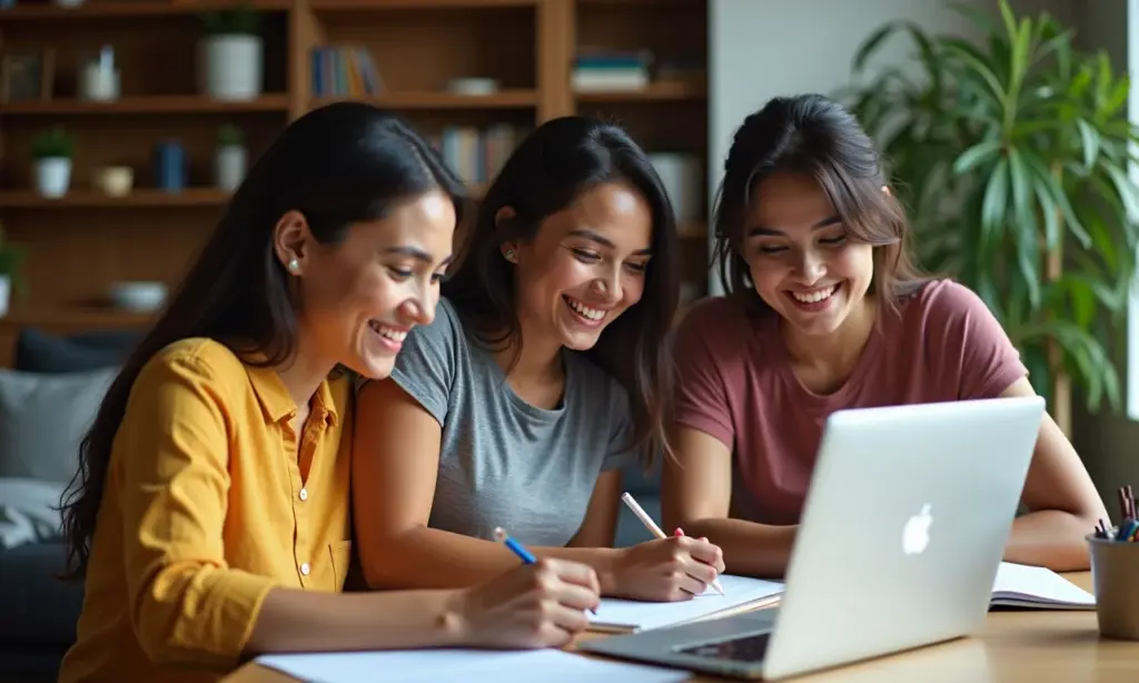 Alunos diversos estudando pedagogia EAD em ambiente acolhedor.