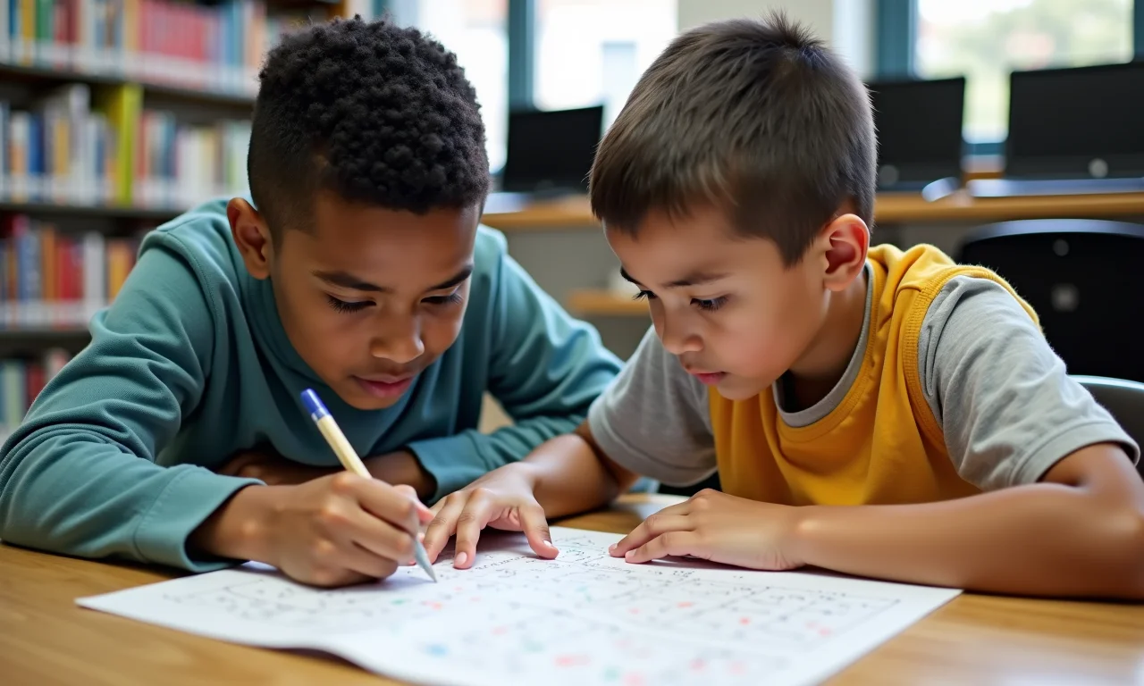 Alunos estudando matemática juntos em uma biblioteca, representando matérias obrigatórias.