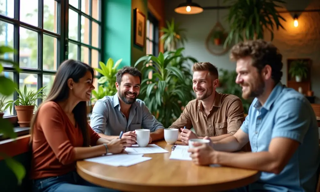 Amigos reunidos em café planejam futuro financeiro no Brasil.