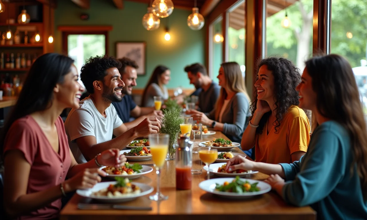 Amigos reunidos em restaurante aconchegante saboreando pratos brasileiros.