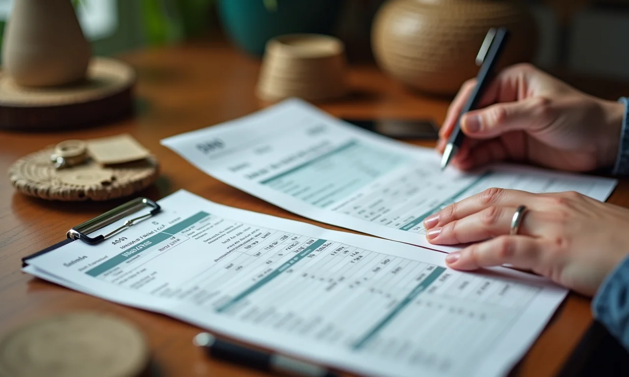 Análise detalhada de extratos bancários e comprovantes em mesa com artesanato brasileiro.