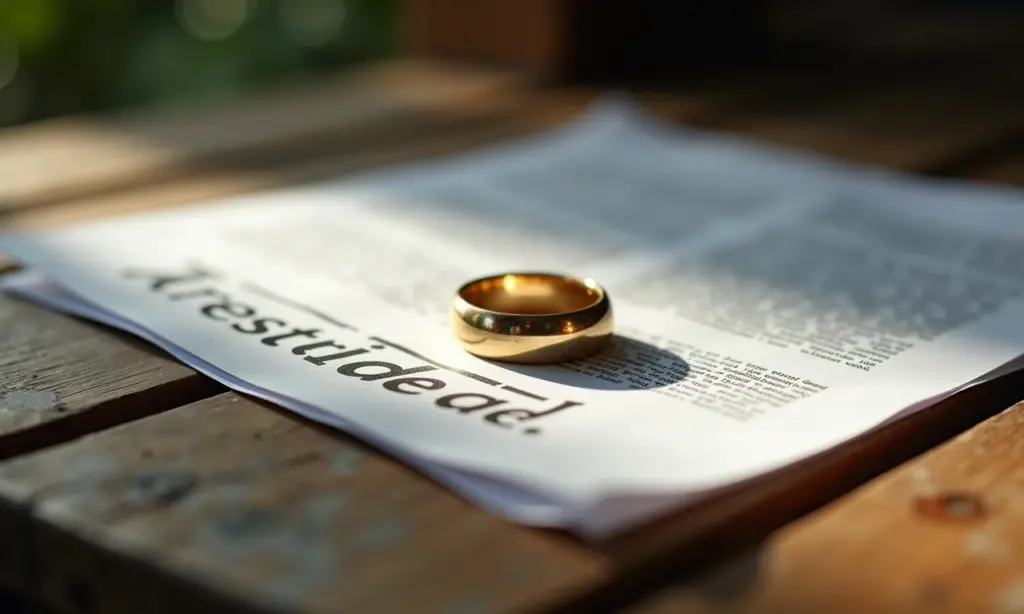 Custas de um Processo de Divórcio: Quanto Custa Separar? Anel de casamento sobre papéis de divórcio, representando o fim de um ciclo.