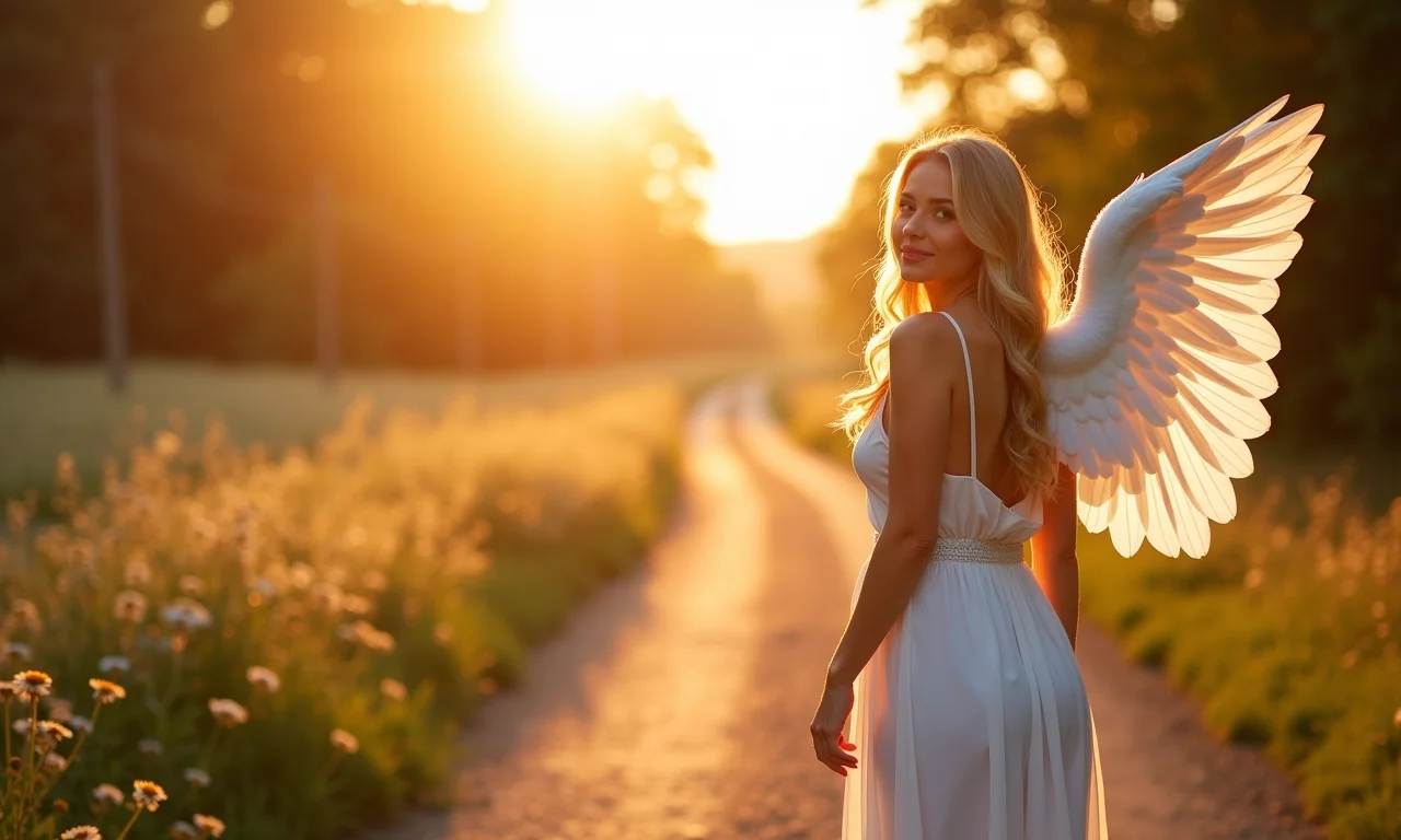 Anjo da guarda protegendo uma mulher em seu caminho.