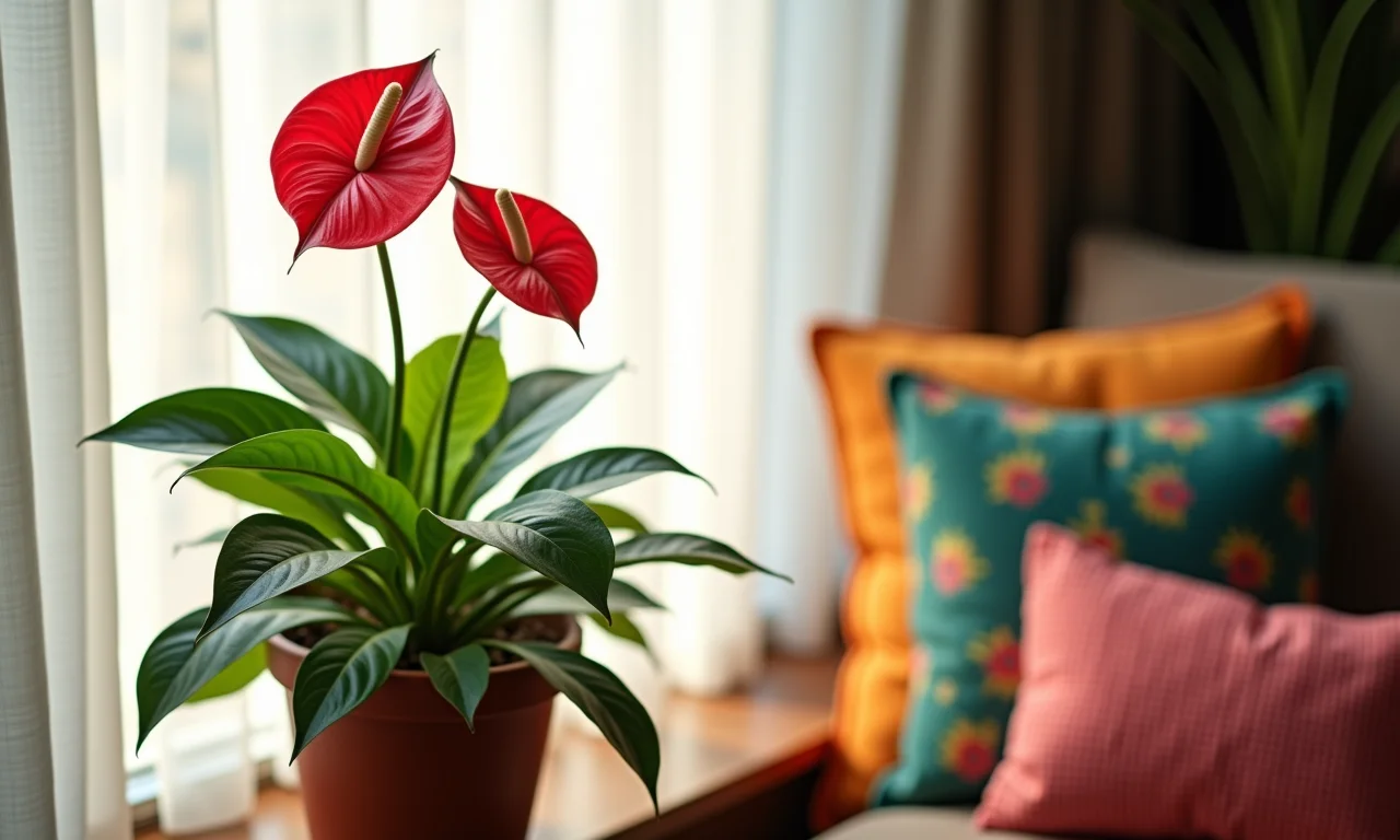 Antúrio recebendo luz indireta perto de janela.