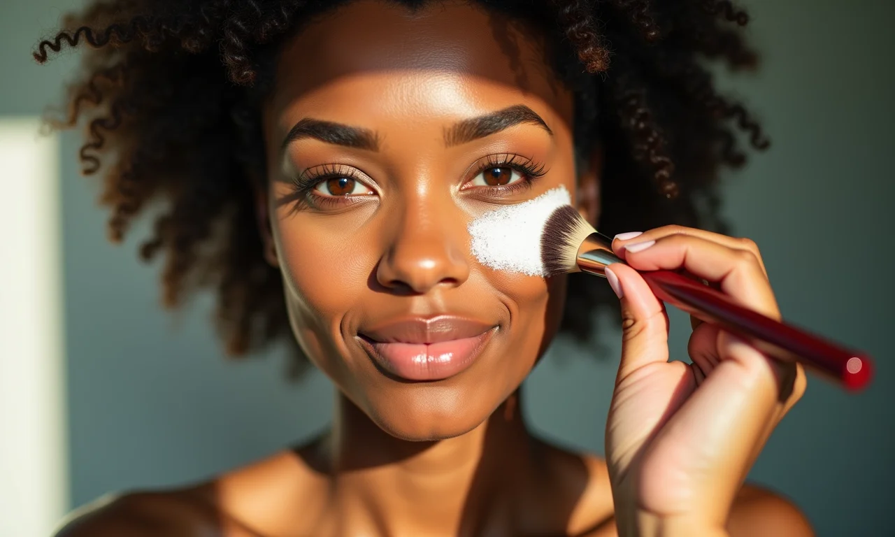Aplicação de protetor solar em pó em camadas finas no rosto.