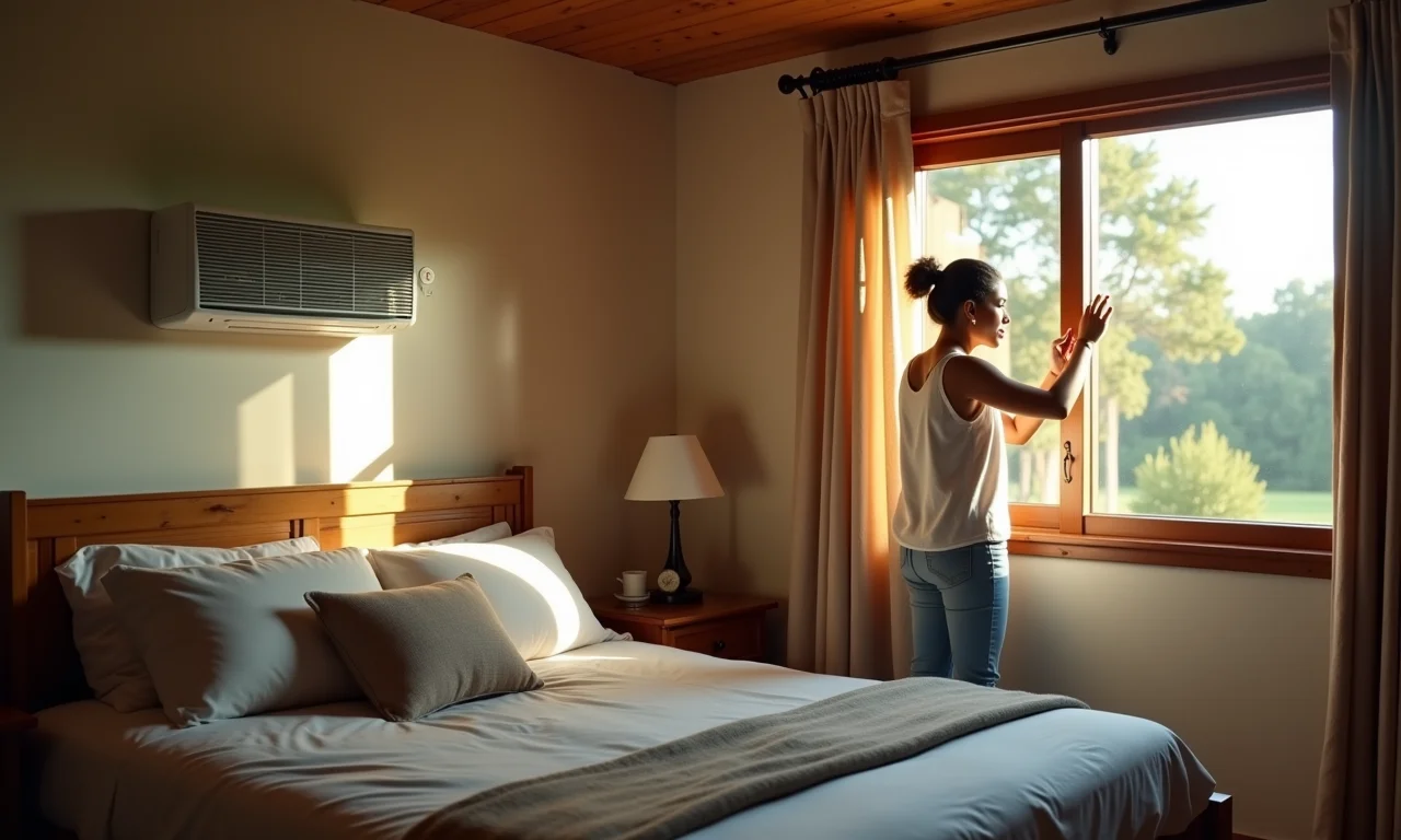Ar condicionado ligado com janela aberta em quarto decorado.
